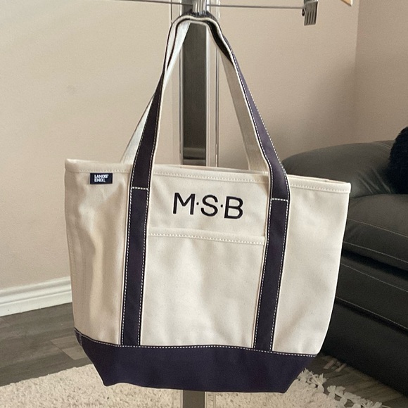 New! Land’s End Ladies Medium Natural 5 Pocket Zip Top Canvas Tote Bag - Picture 4 of 6